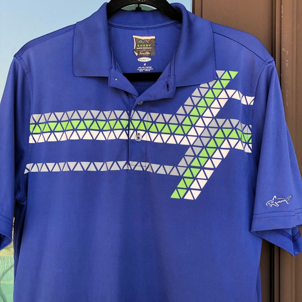 Greg Norman PlayDry Blue Diamond Geo on Chest Polo M